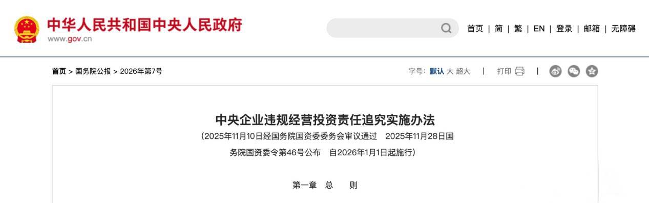 中央企業違規經營投資責任追究實施辦法